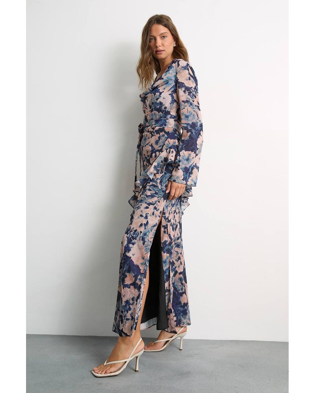 Warehouse Multicolor Long Sleeve Cowl Neck Floral Print Ruffle Detail Maxi Dress
