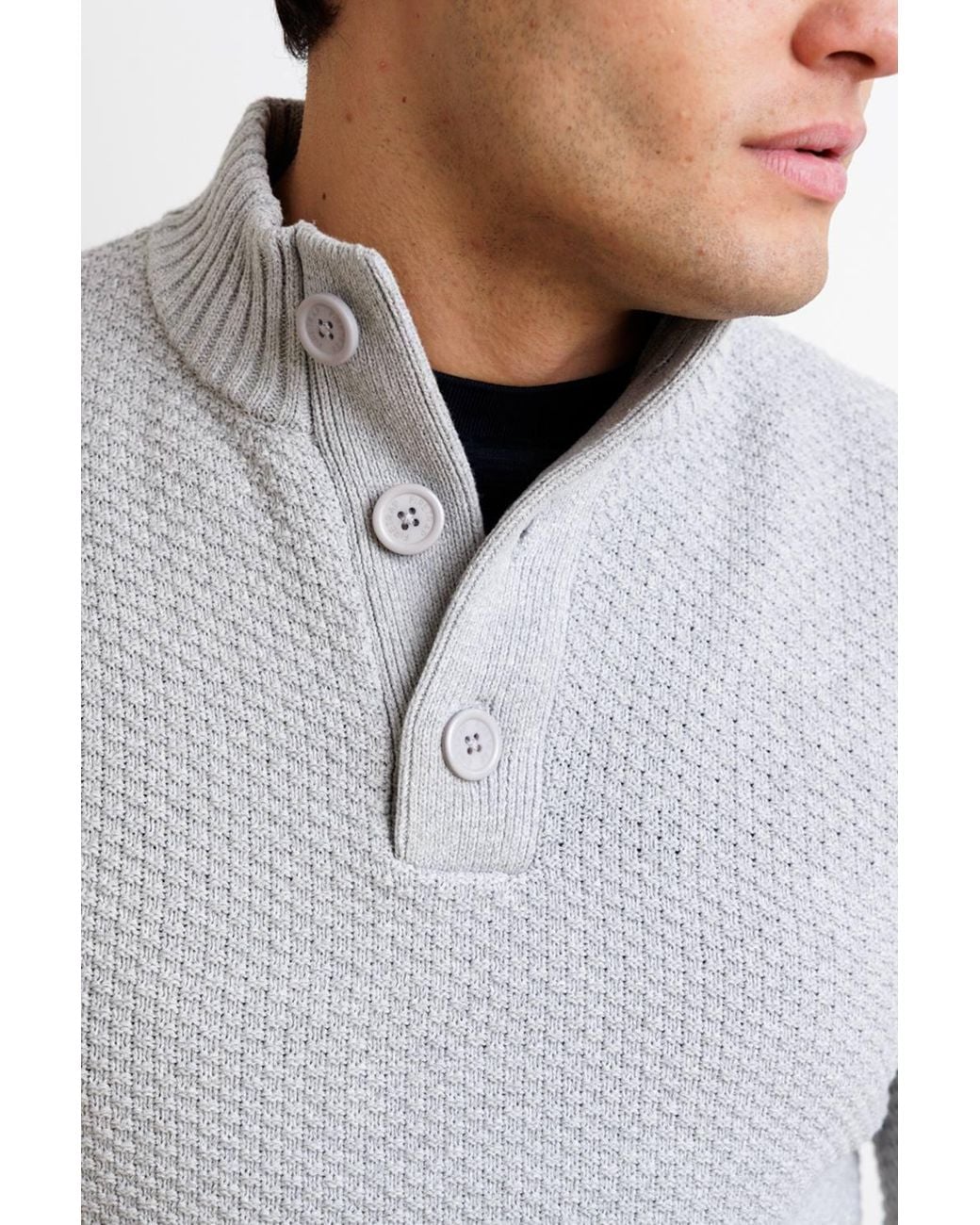 Firetrap Gray Cotton Rich Waffle Knit Funnel Neck Jumper With Buttons for men