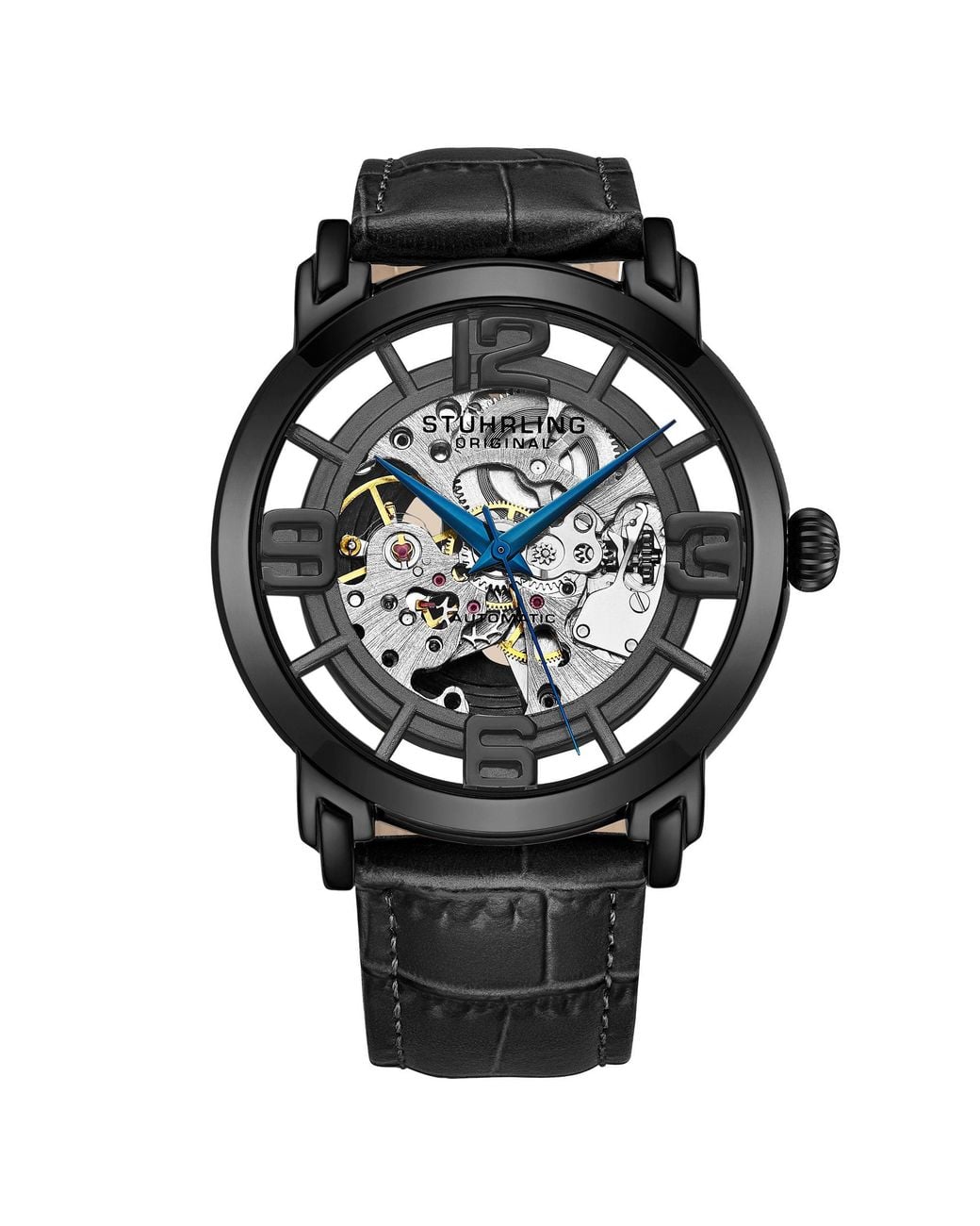 Stuhrling Black Winchester Automatic 42 Mm Skeleton Watch With Leather Band for men