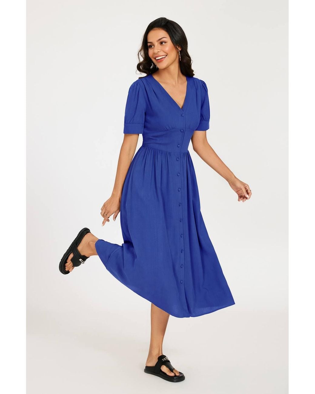 FS Collection Blue Puff Sleeve Button-Front Midi Dress
