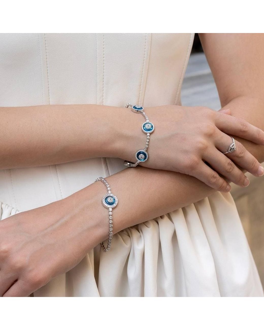 Spero London Blue Round Bezel Evil Eye Sterling Tennis Bracelet
