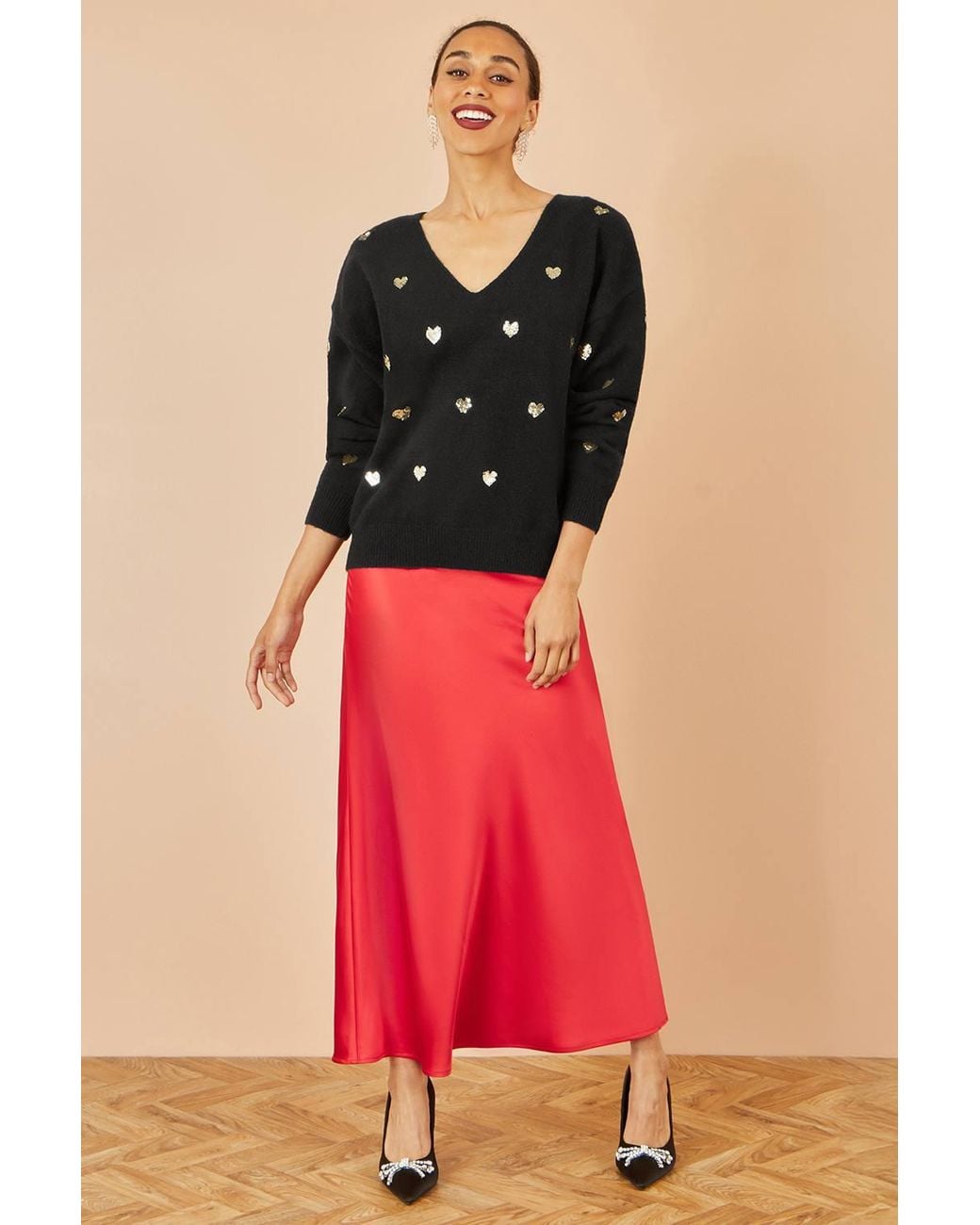 Yumi' Black Sequin Heart V Neck Jumper