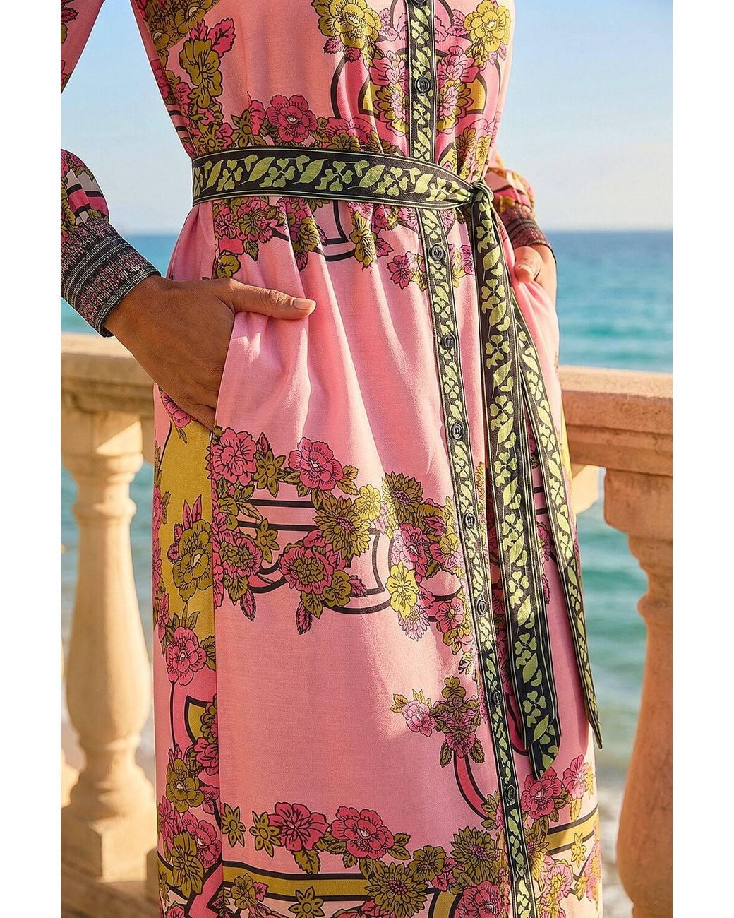 Roman Blue Floral Print Border Shirt Midi Dress