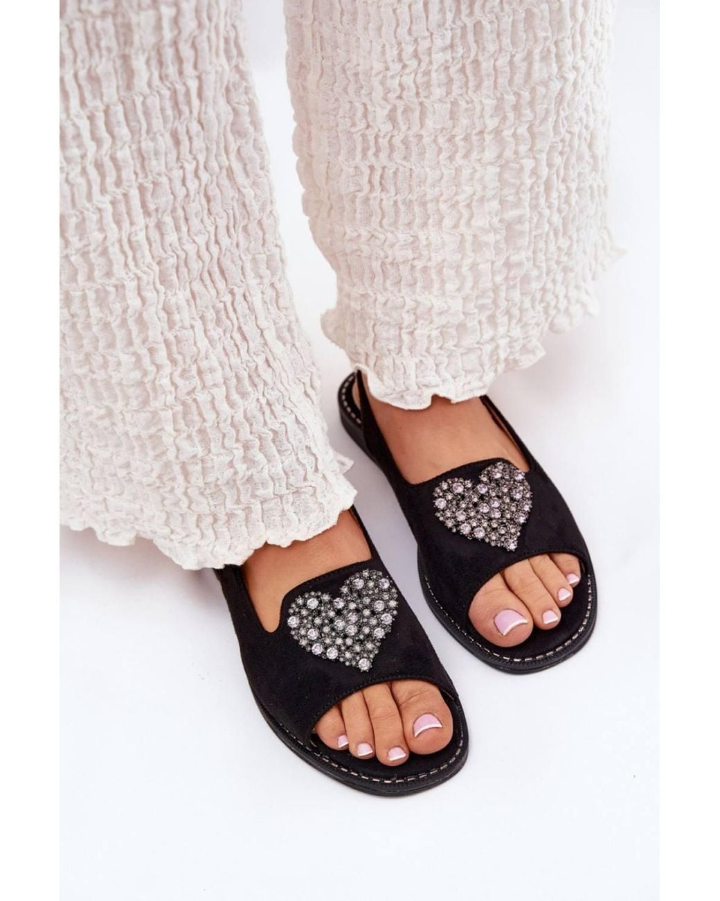 Love Lace White Suede Heart Buckle Flat Sandals With Comfort Insole Adjustable