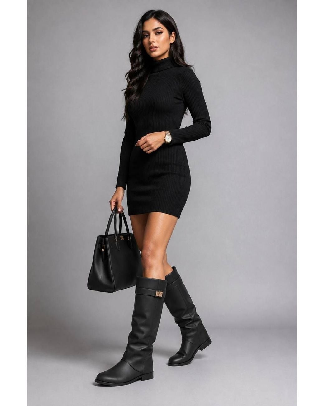 Miss Diva Black Isley Round Toe Trim Buckle Fold Over Knee High Pu Boots