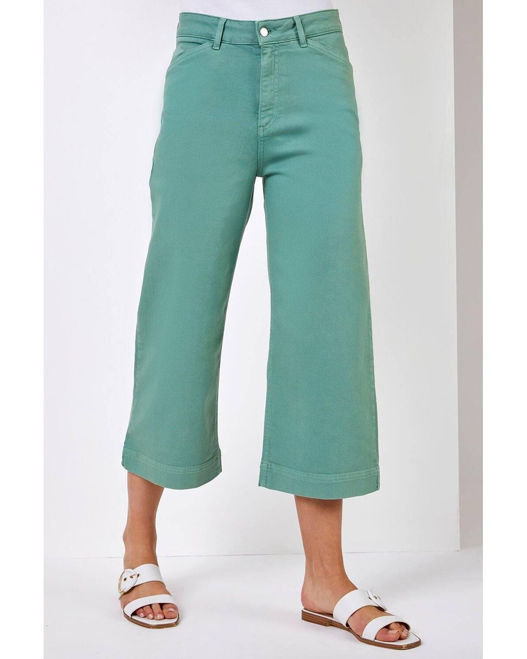 Roman Green Wide Leg Stretch Denim Cropped Culottes