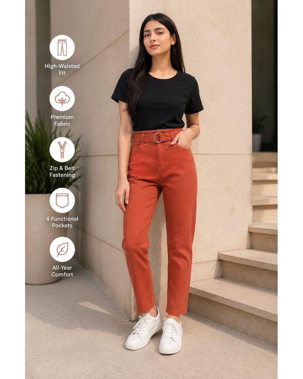 Smart Living Orange High-Waist Denim Jeans With Stylish Fit