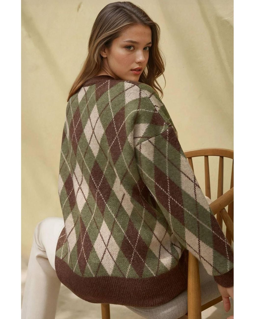 Hiccup Natural Long V-Neck Geometric Knitwear Cardigan With Buttons