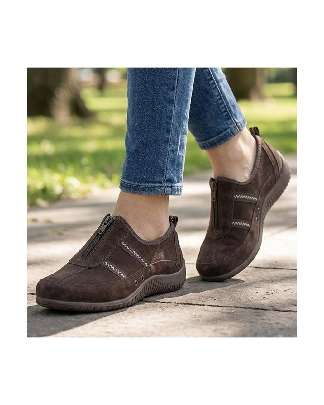 Pavers Brown Memory Foam Leather Slip On Trainers