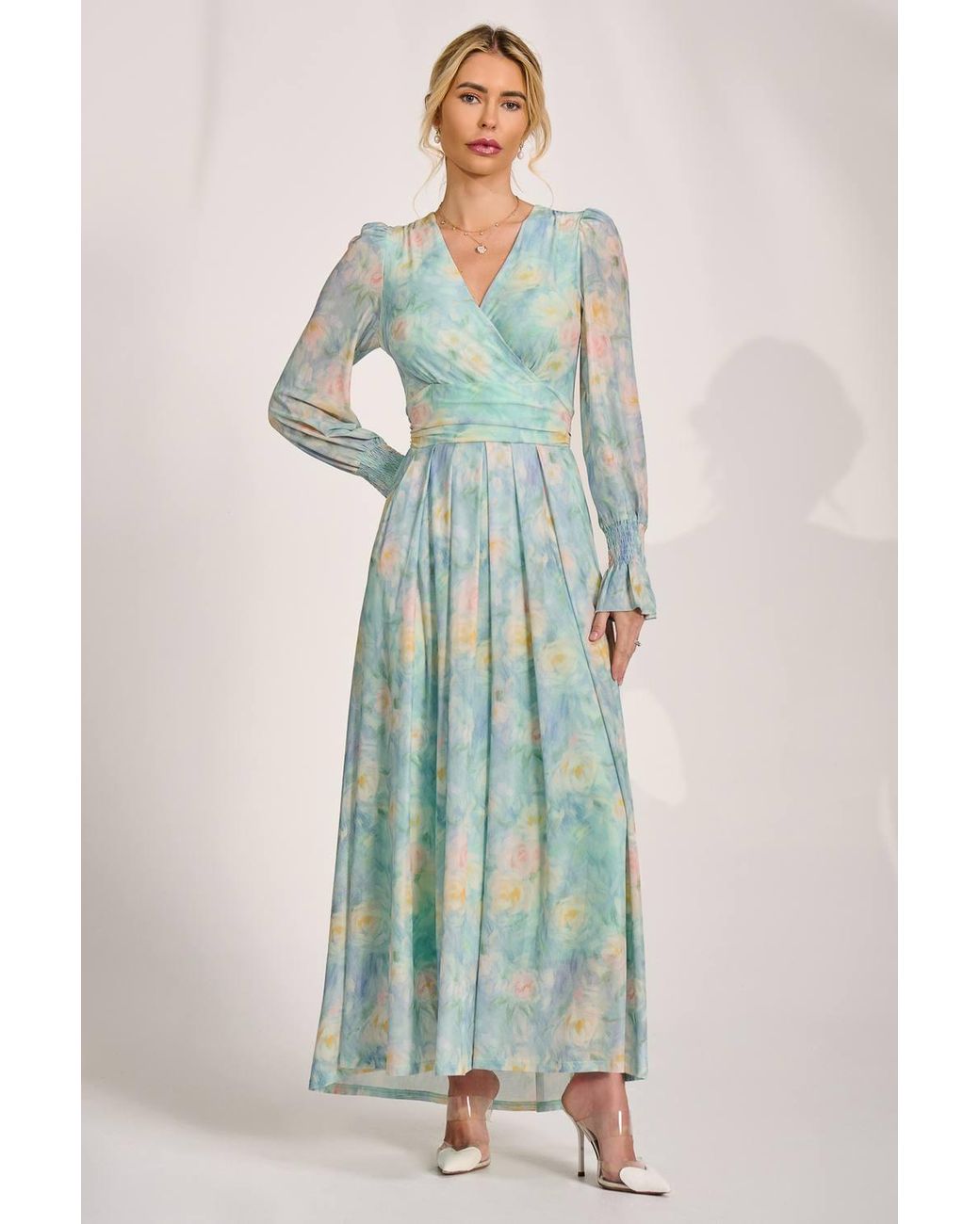 Jolie Moi Blue Long Sleeve V Neck Mesh Maxi Dress