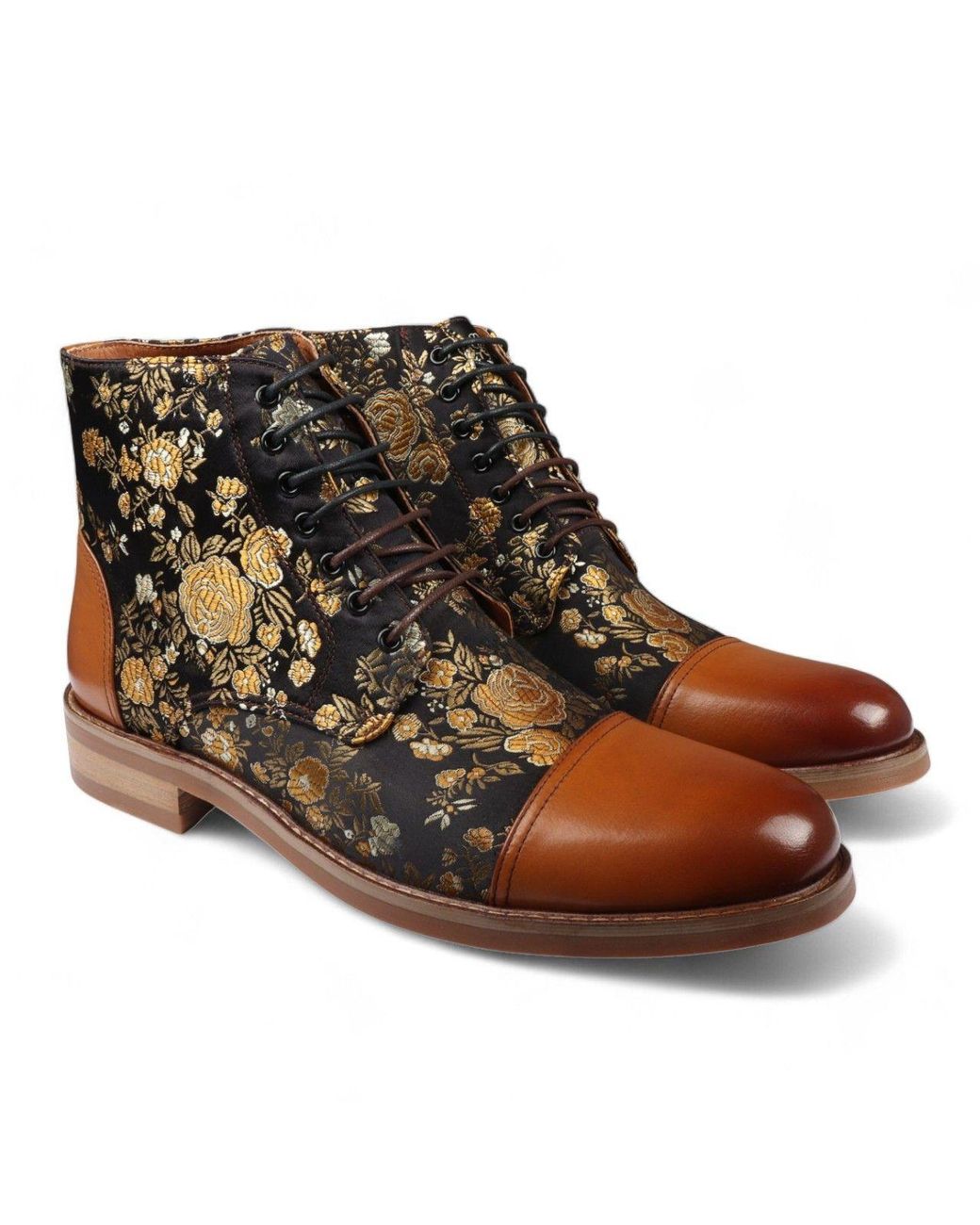 Infinity Leather Brown Floral Print Leather Oxford Ankle Boots for men