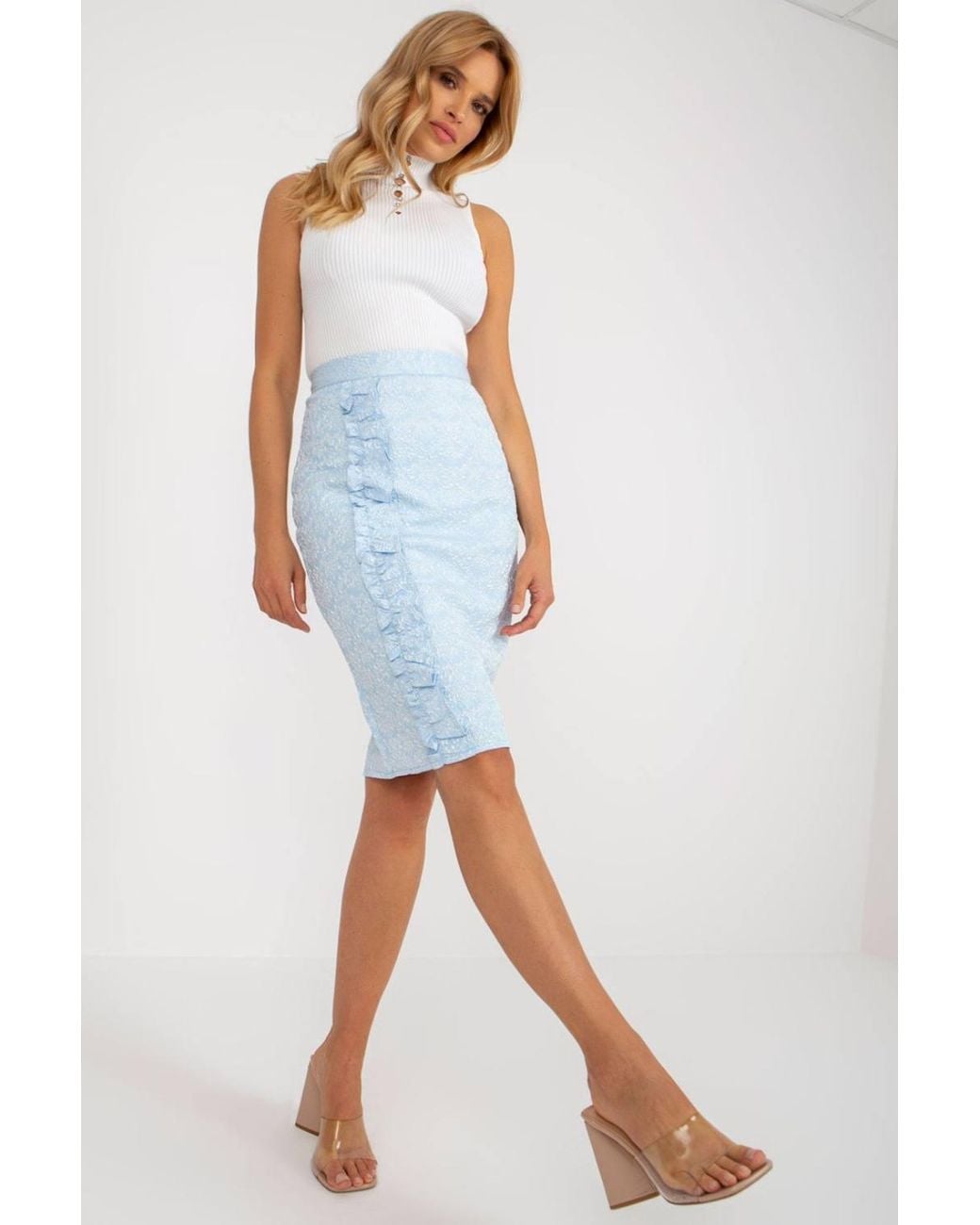 Love Lace Blue Textured Pencil Skirt With Front Ruffle