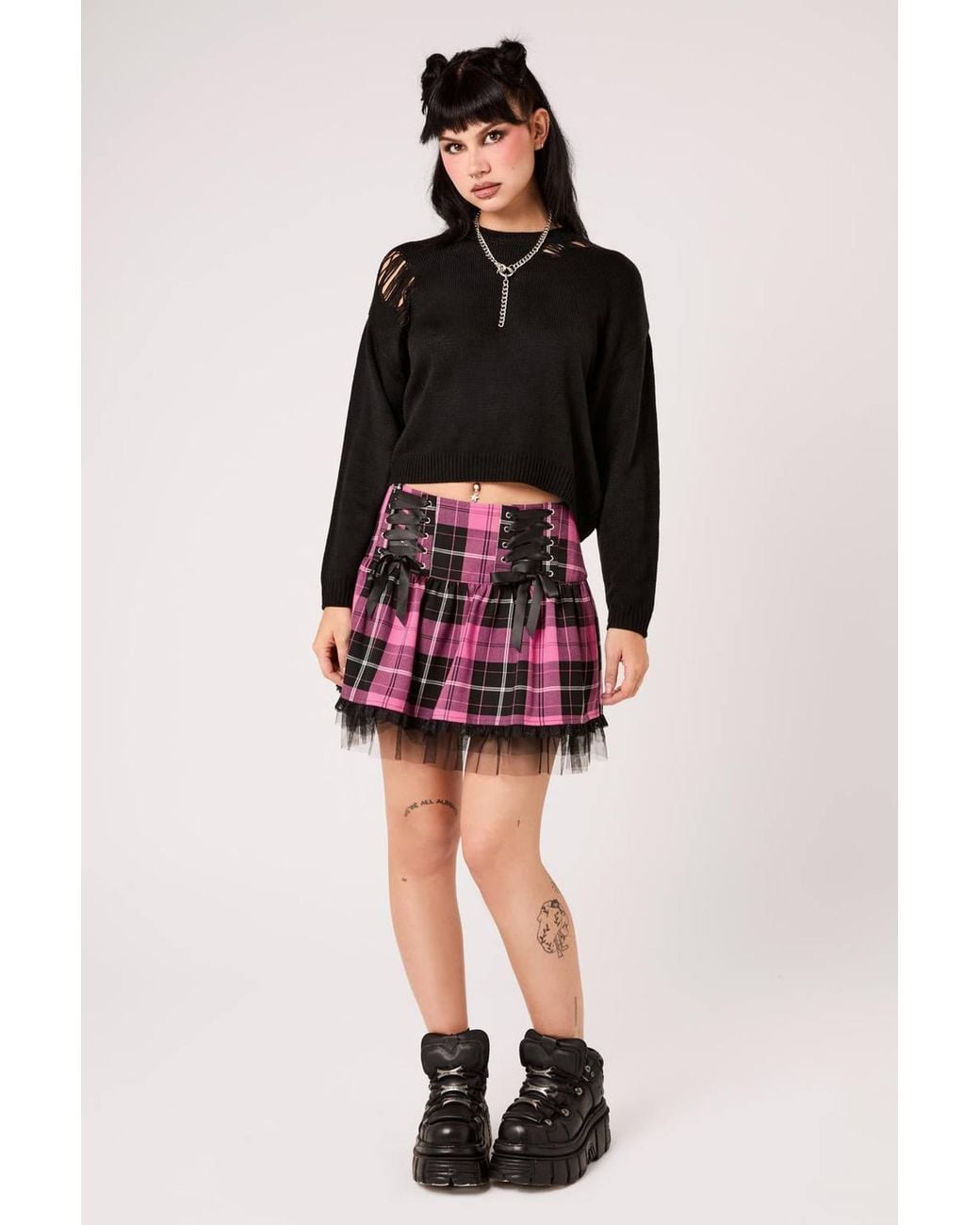 Hell Bunny Black Quinzel Tartan Lace Up Eyelet Ribbon Tulle Trim Mini Skirt