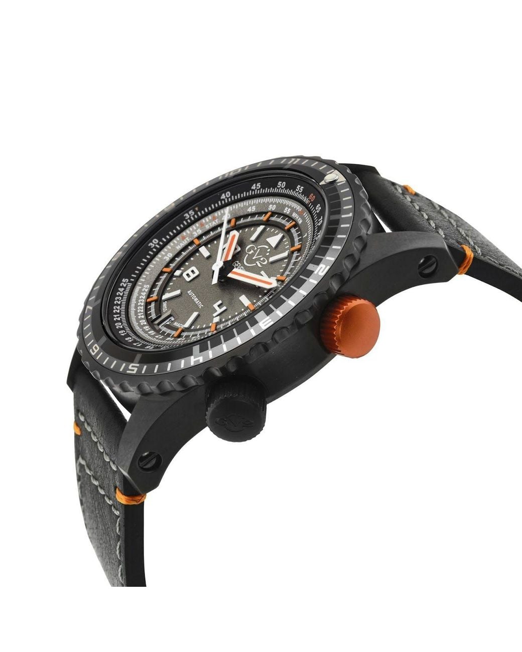 Gv2 Black Contasecondi, Swiss Automatic Watch, Dial, Unidirectional Bezel, Hand Made Italian Leather, & Sapphire Crystal for men