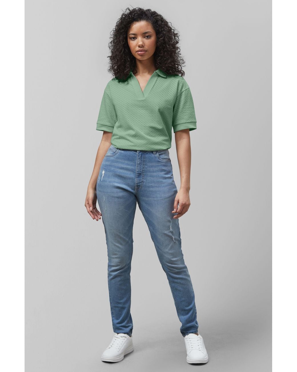 Enorsia Green Cotton Rich Broderie V-Neck Polo Shirt