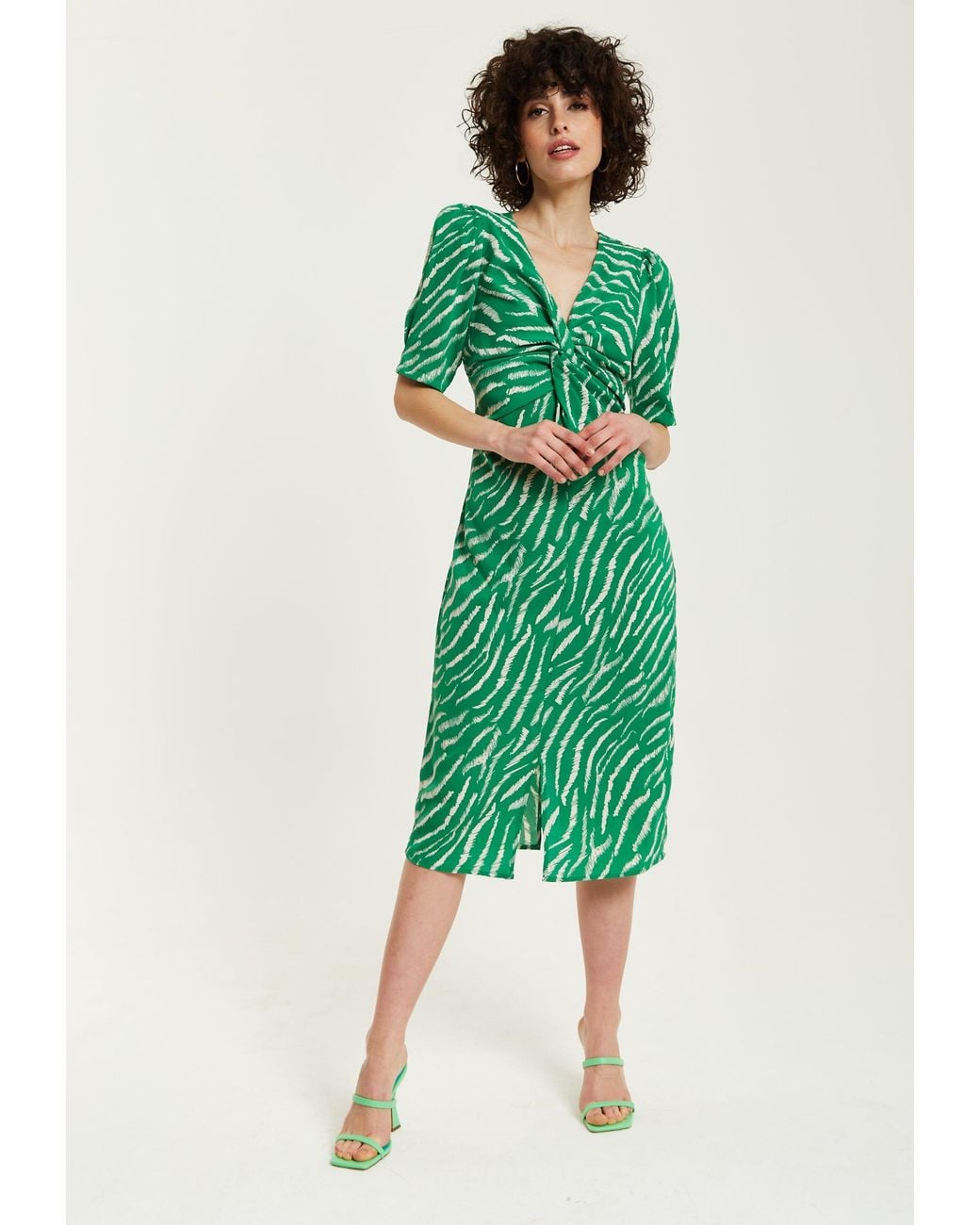 Liquorish Green Zebra Print Knot Front Midi Dress With Short Sleeves