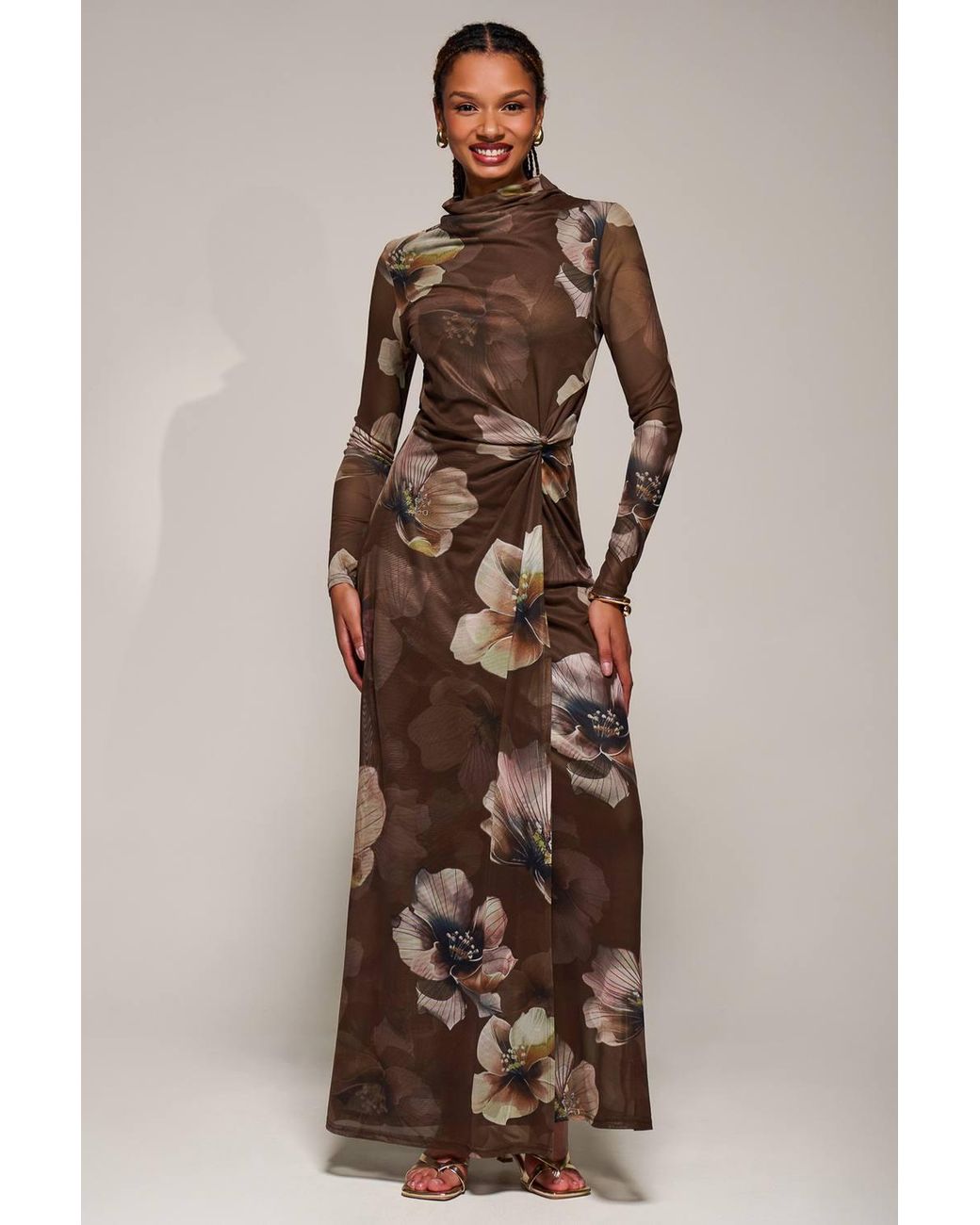 Jolie Moi Natural High Neck Long Sleeve Mesh Maxi Dress
