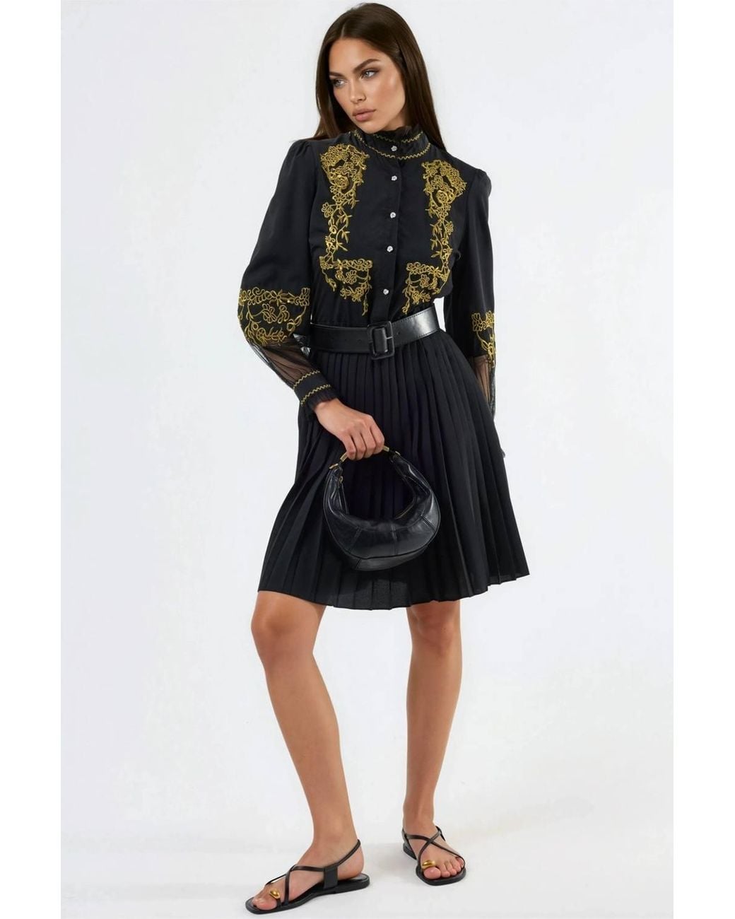 Msn-Collection Black Embroidered Mandarin Collar Mini Dress