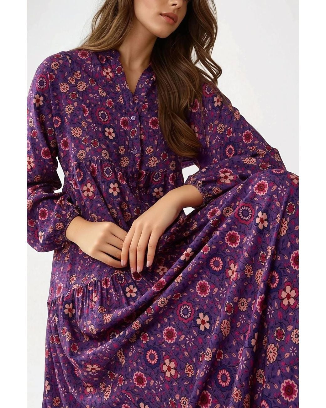 Hiccup Purple Printed V-Neck Maxi Dress With Buttons