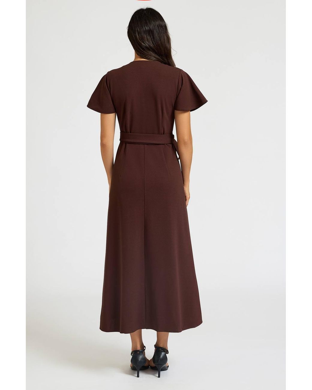 FS Collection Brown Flutter Sleeve Wrap Front Midi Dress