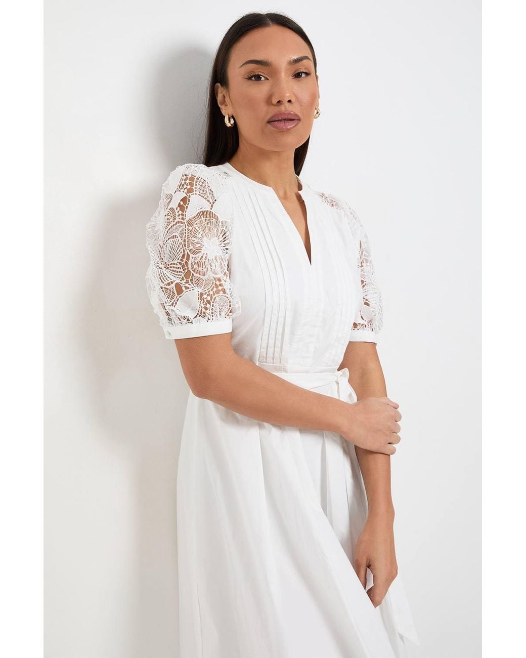 Wallis White Petite Cotton Lace Belted Midi Dress
