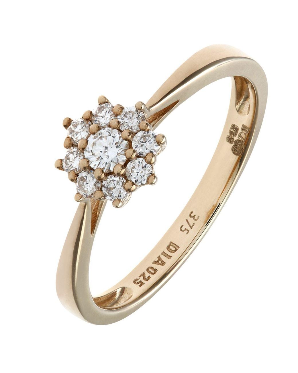 Jewelco London Metallic 9Ct Round 1/4Ct Diamond 9 Stone Cluster Ring 7Mm