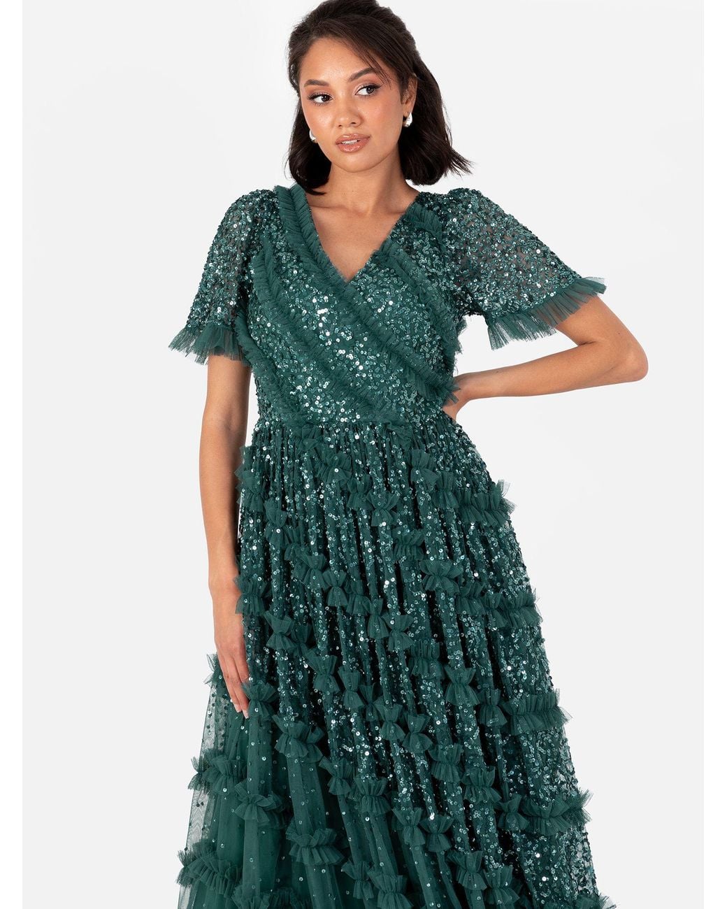 Maya Deluxe Green Embellished Short Sleeve V Neck Maxi Dress