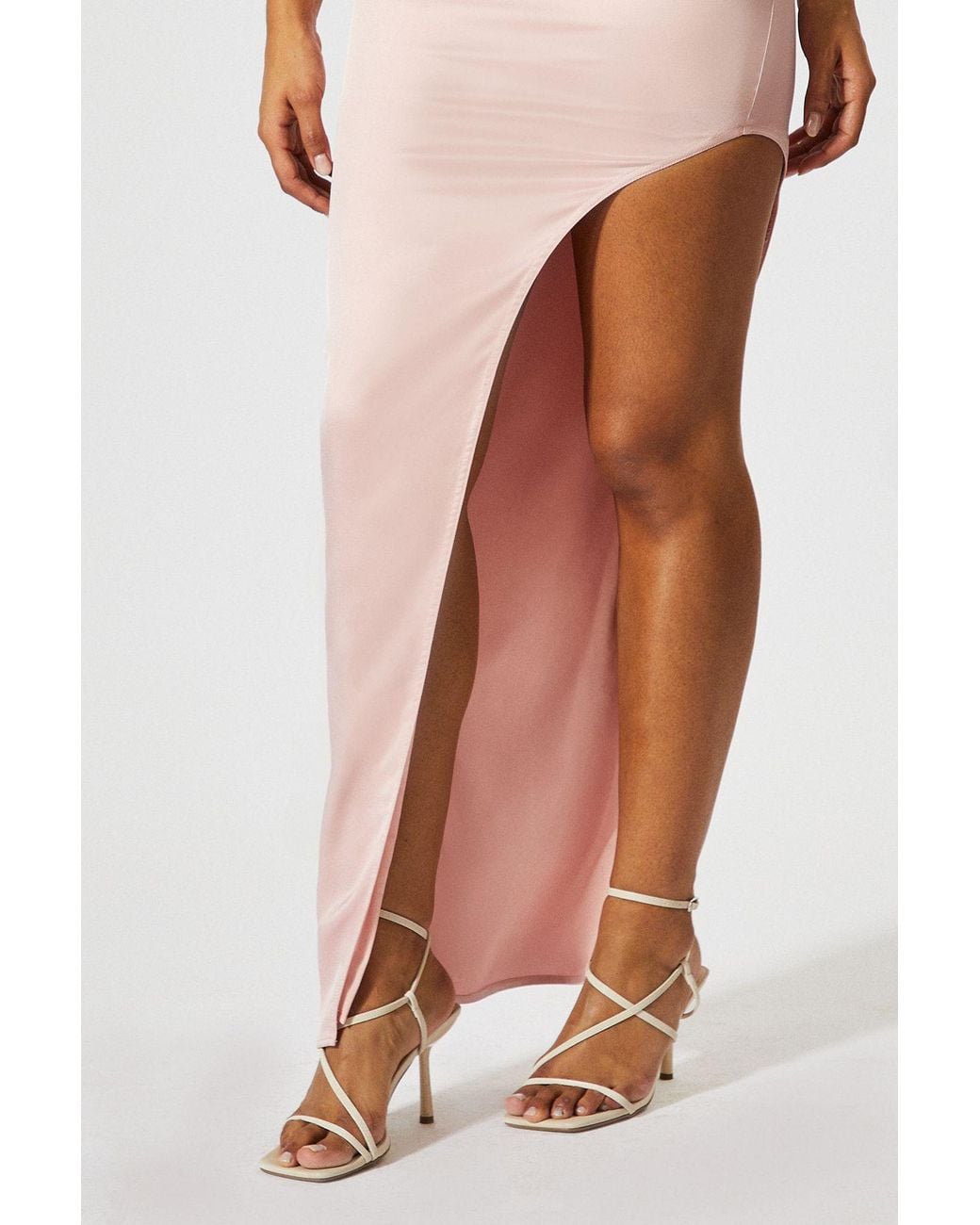 MissPap Pink Satin High Waist Asymmetric Maxi Skirt