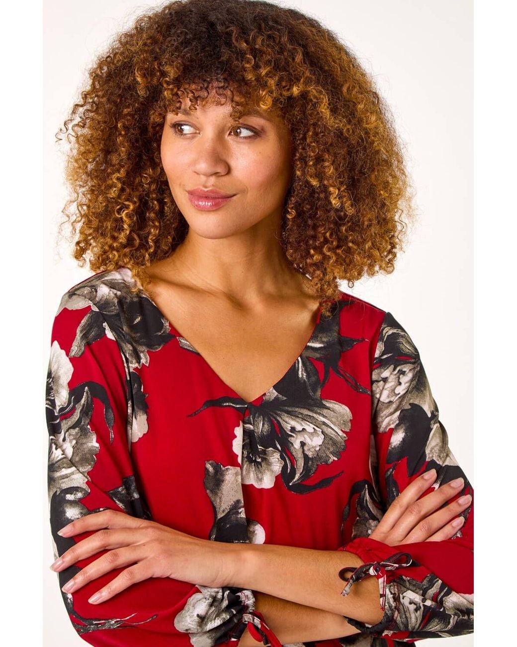 Roman Red V-Neck Floral Print Tie Sleeve Top