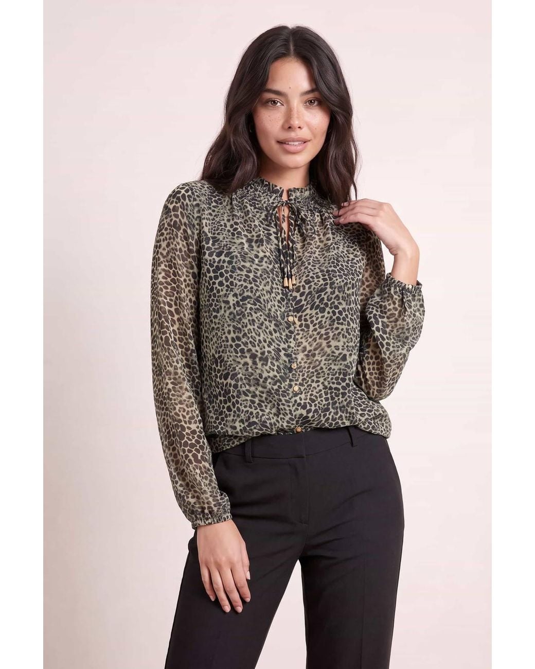 Style Cheat Gray Animal Print Tie Blouse