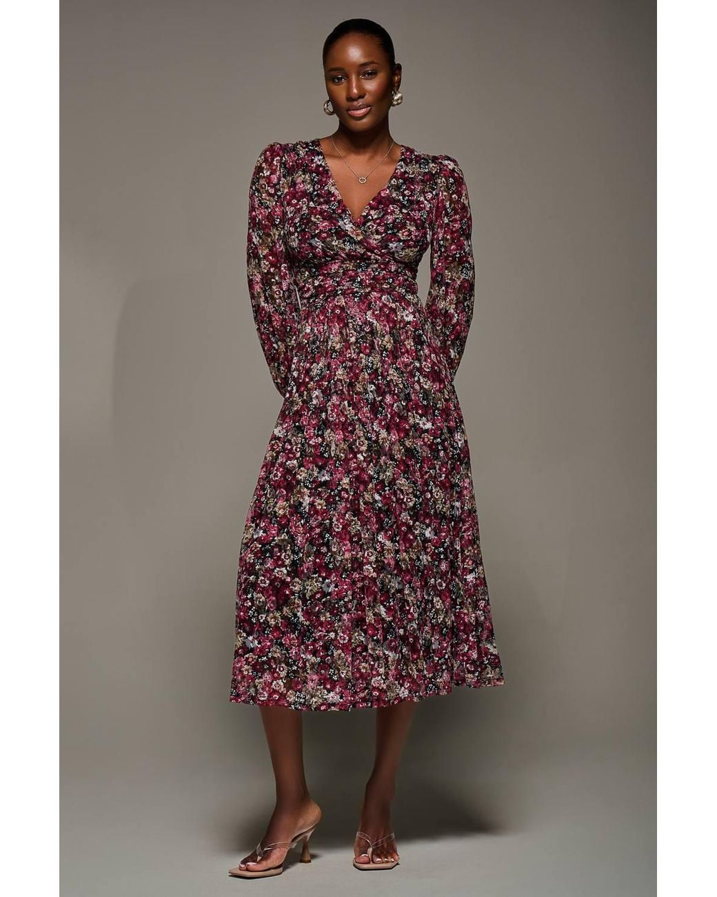 Jolie Moi Brown Long Sleeve Printed Lace Maxi Dress