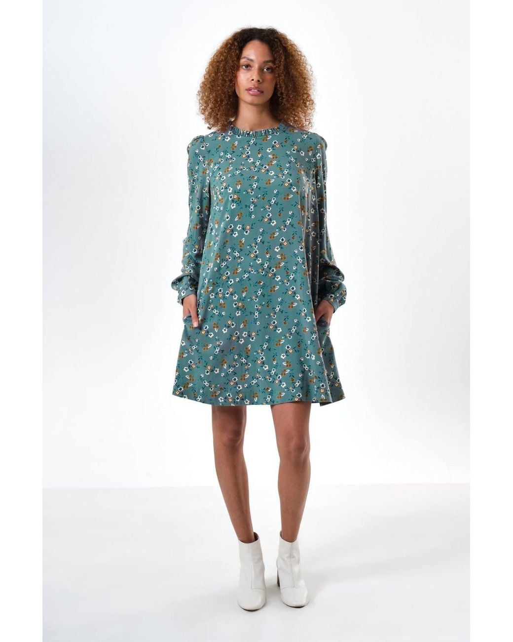 Louche Blue Sola Naïve Posy Print Long Sleeve Mini Dress