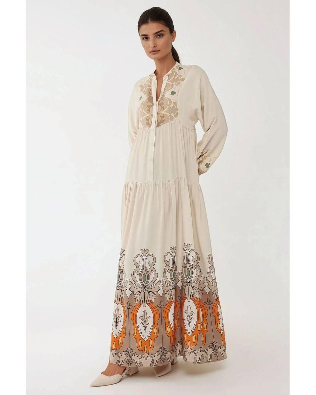 Hiccup Natural Printed Long Sleeve Viscose Maxi Dress