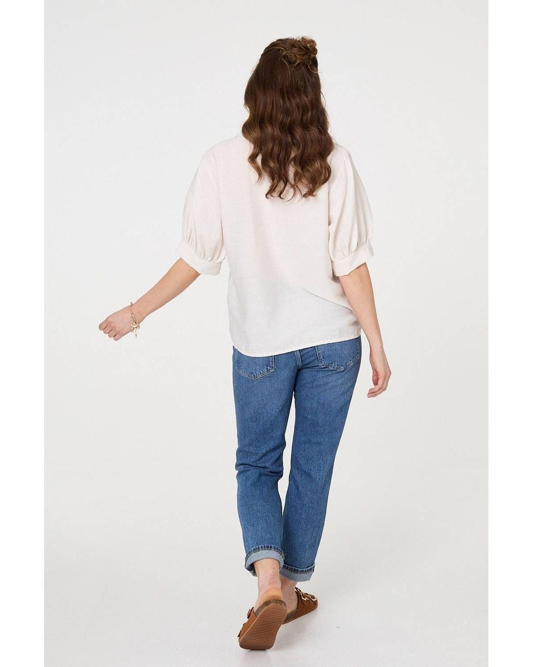 Izabel London White Floral Embroidered Puff Sleeve Blouse