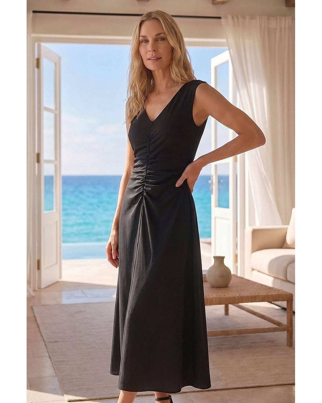Roman Black Petite V-Neck Ruched Stretch Midi Dress