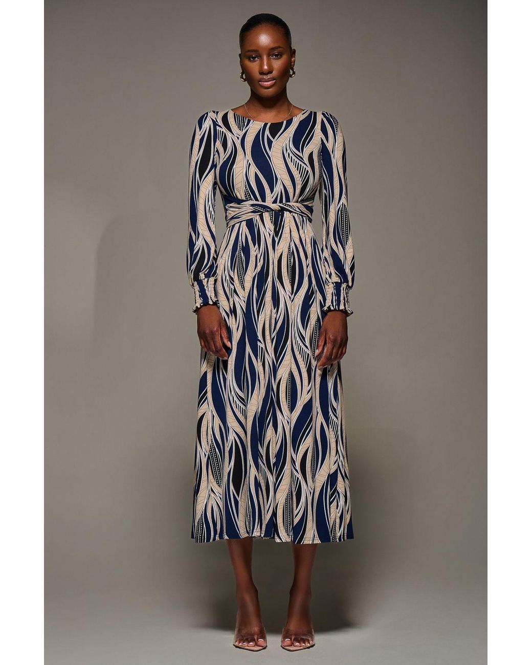 Jolie Moi Gray Jersey Belted Long Sleeve Maxi Dress