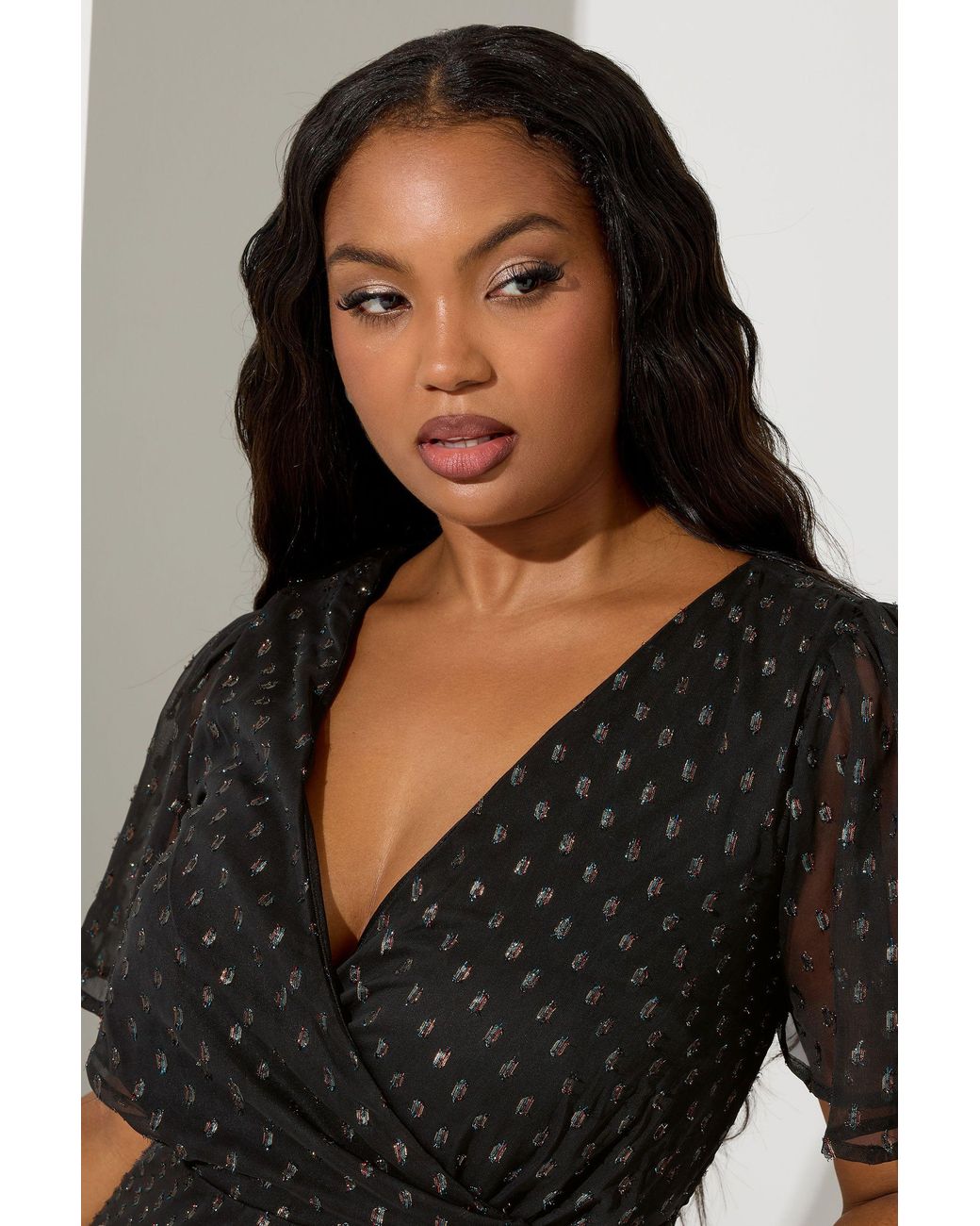Yours Black Metallic Dobby Wrap Dress