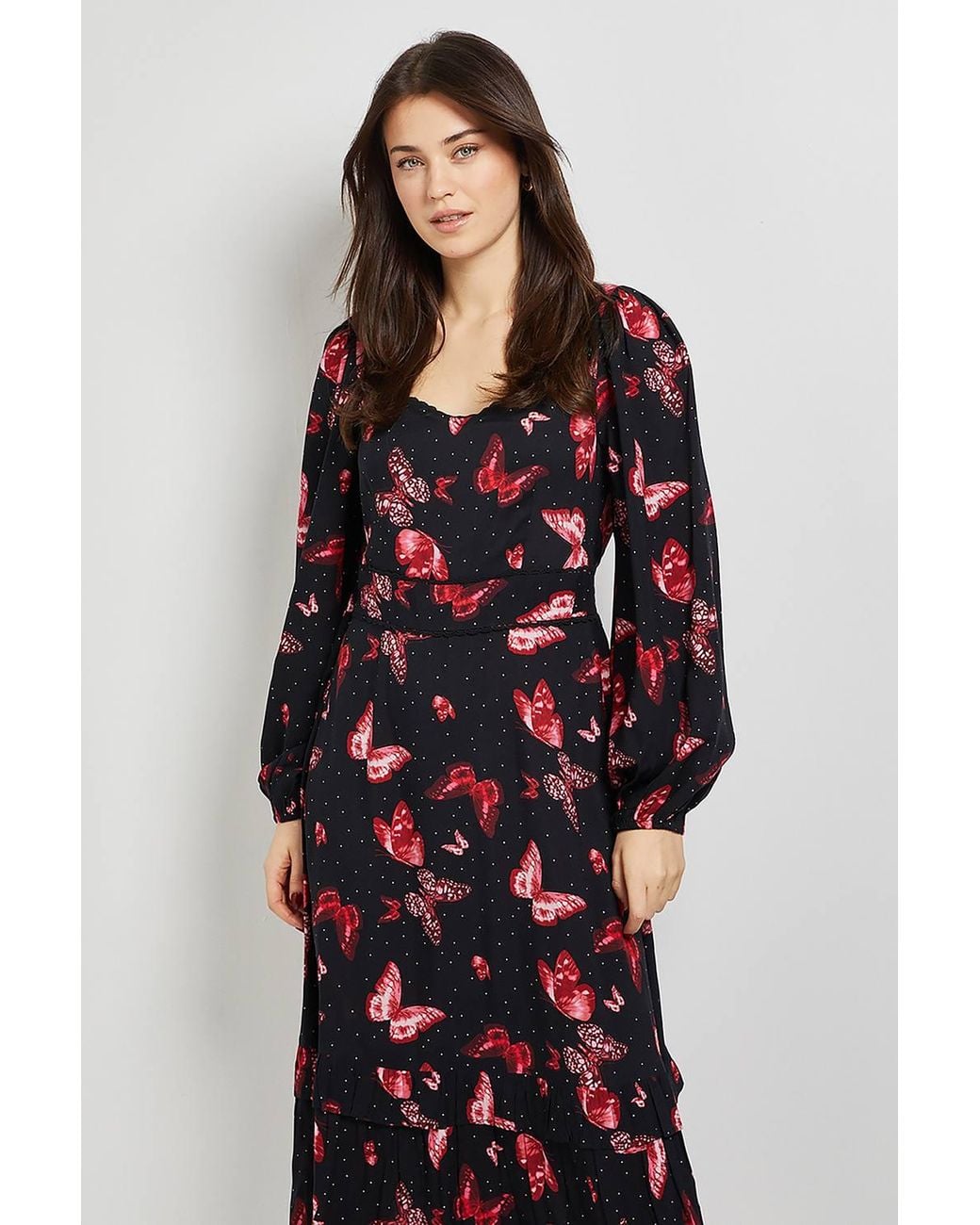 Dorothy Perkins Pink Butterfly Sweetheart Neck Frill Tier Detail Long Sleeve Maxi Dress