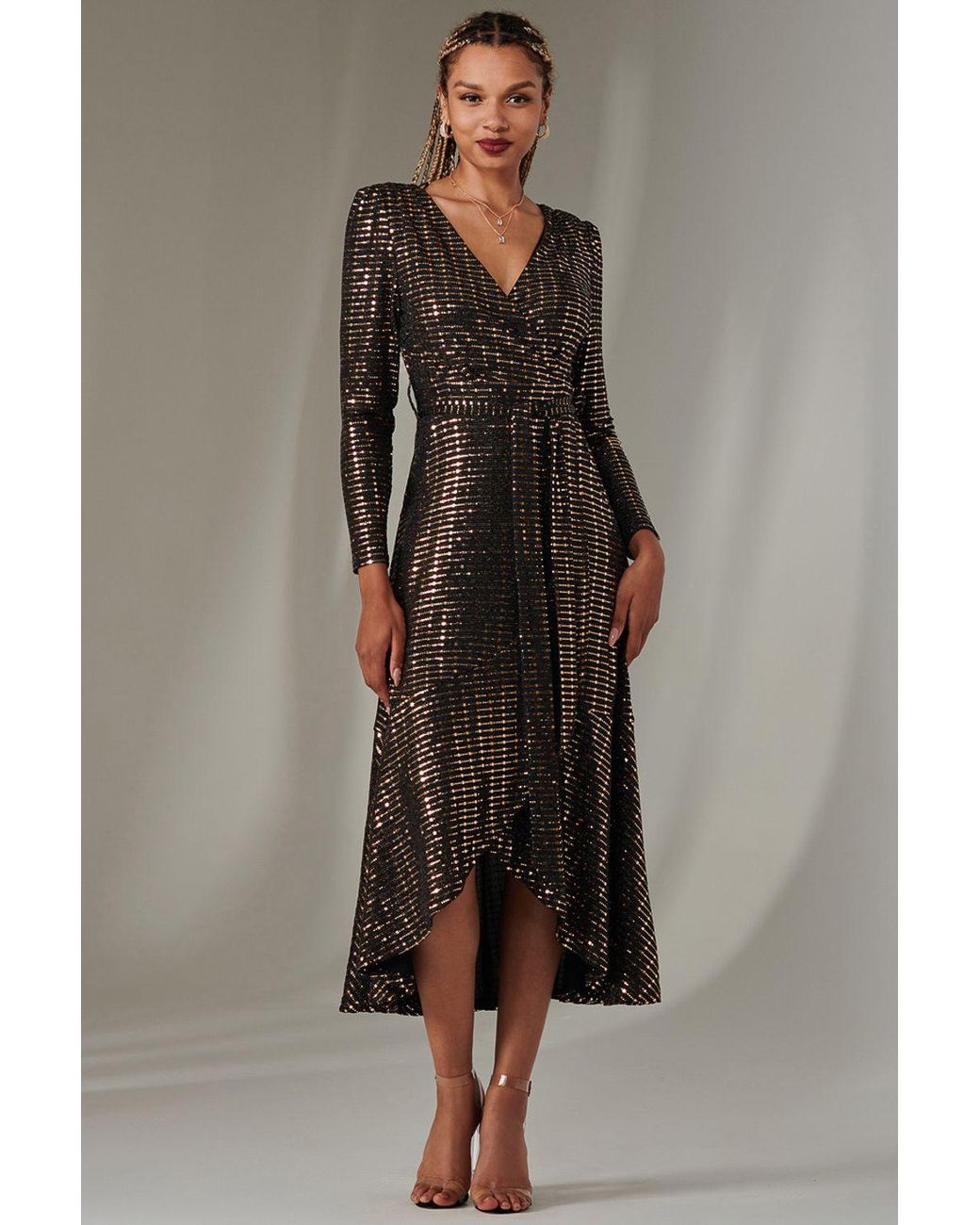 Jolie Moi Brown Long Sleeve Metallic Spot Maxi Dress