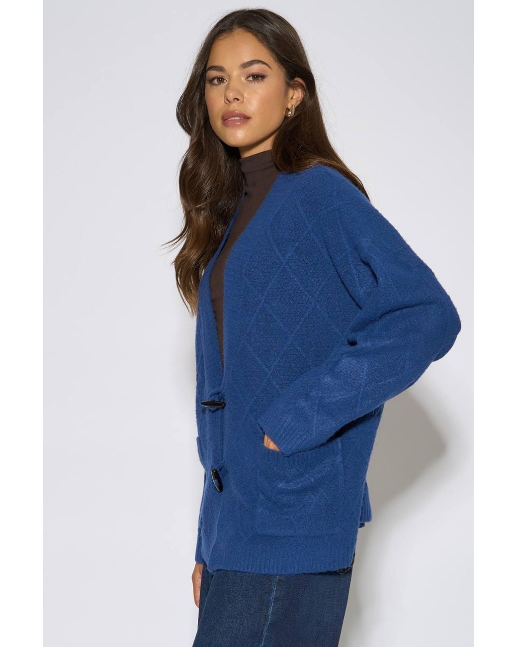 Gini London Blue Textured Button Detail Long Sleeves Cardigan
