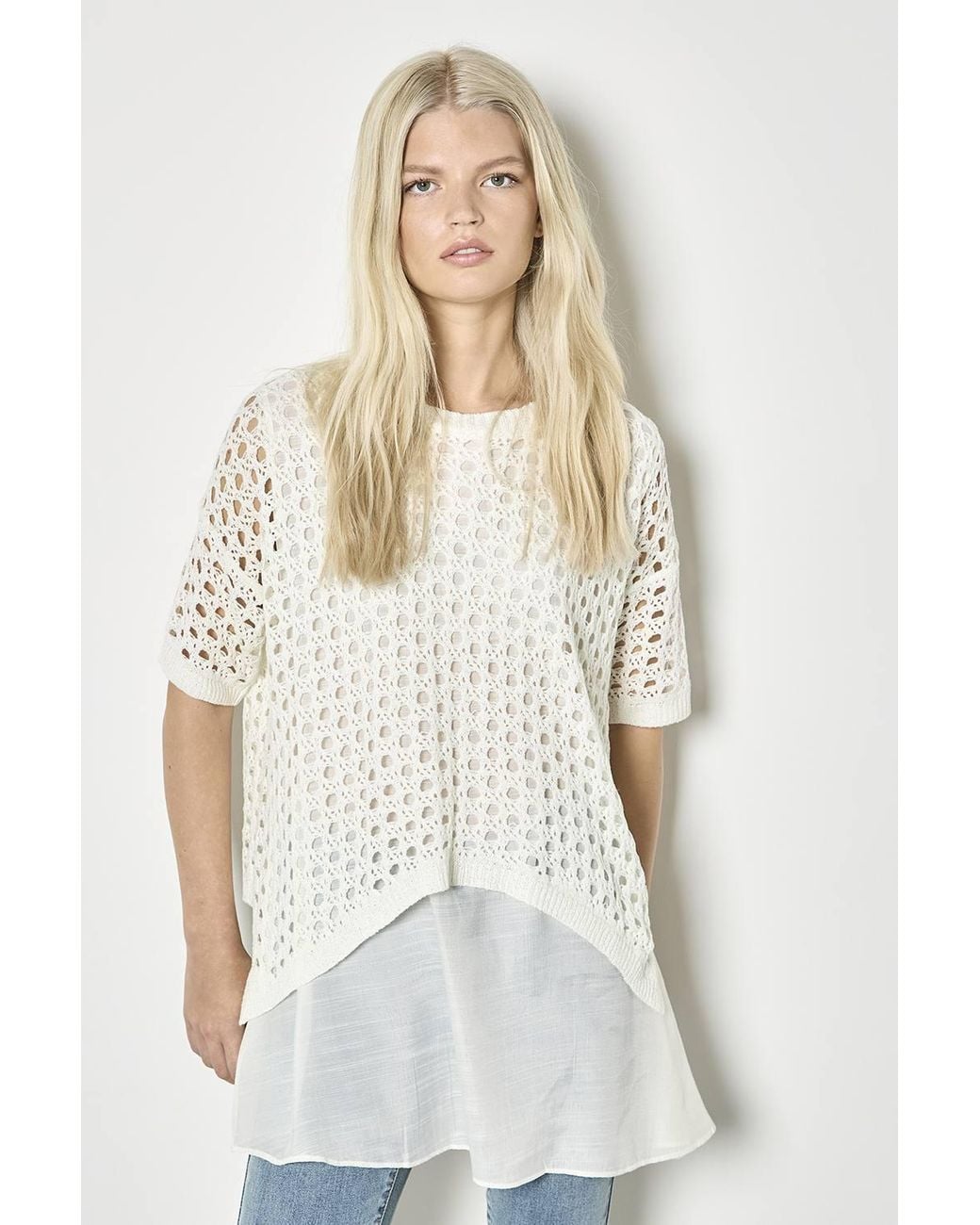 Apricot White Shimmer Mesh Layered Tunic Top