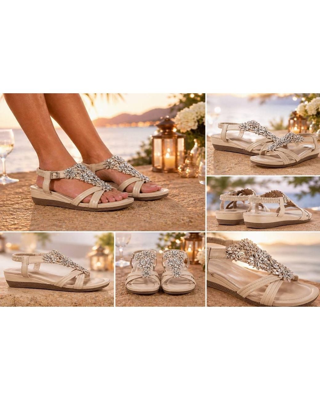 LARANGE Brown Diamanti Flowers Wedge Sandals Cushioned Slip-On