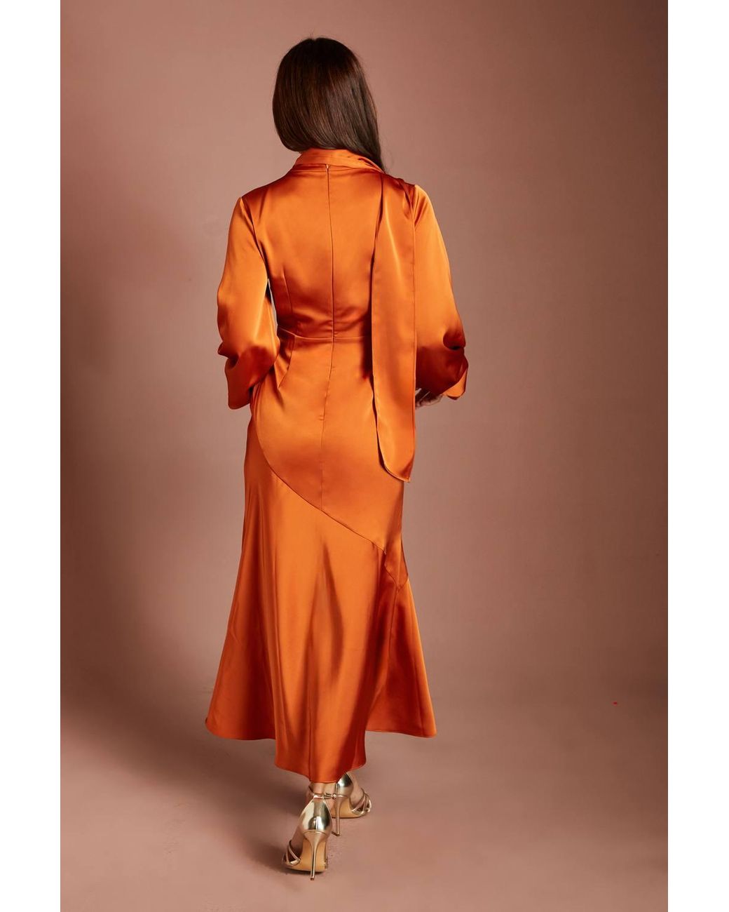 Coast Orange Wrap Bodice Blouson Sleeve Satin Midi Dress