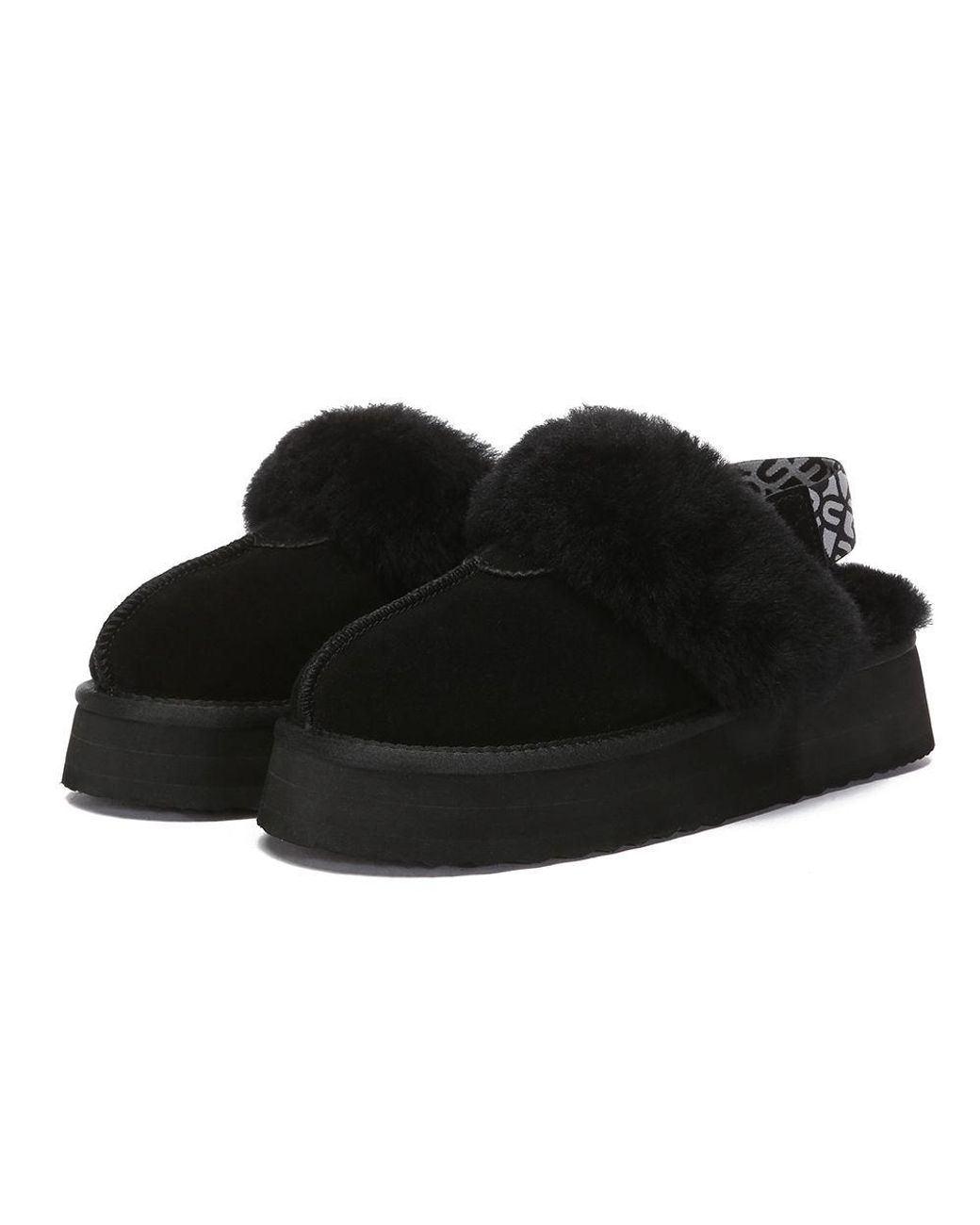 EverAu Australia Black Real Sheepskin Wagtail Removable Strap Platform Slippers With Eva Sole