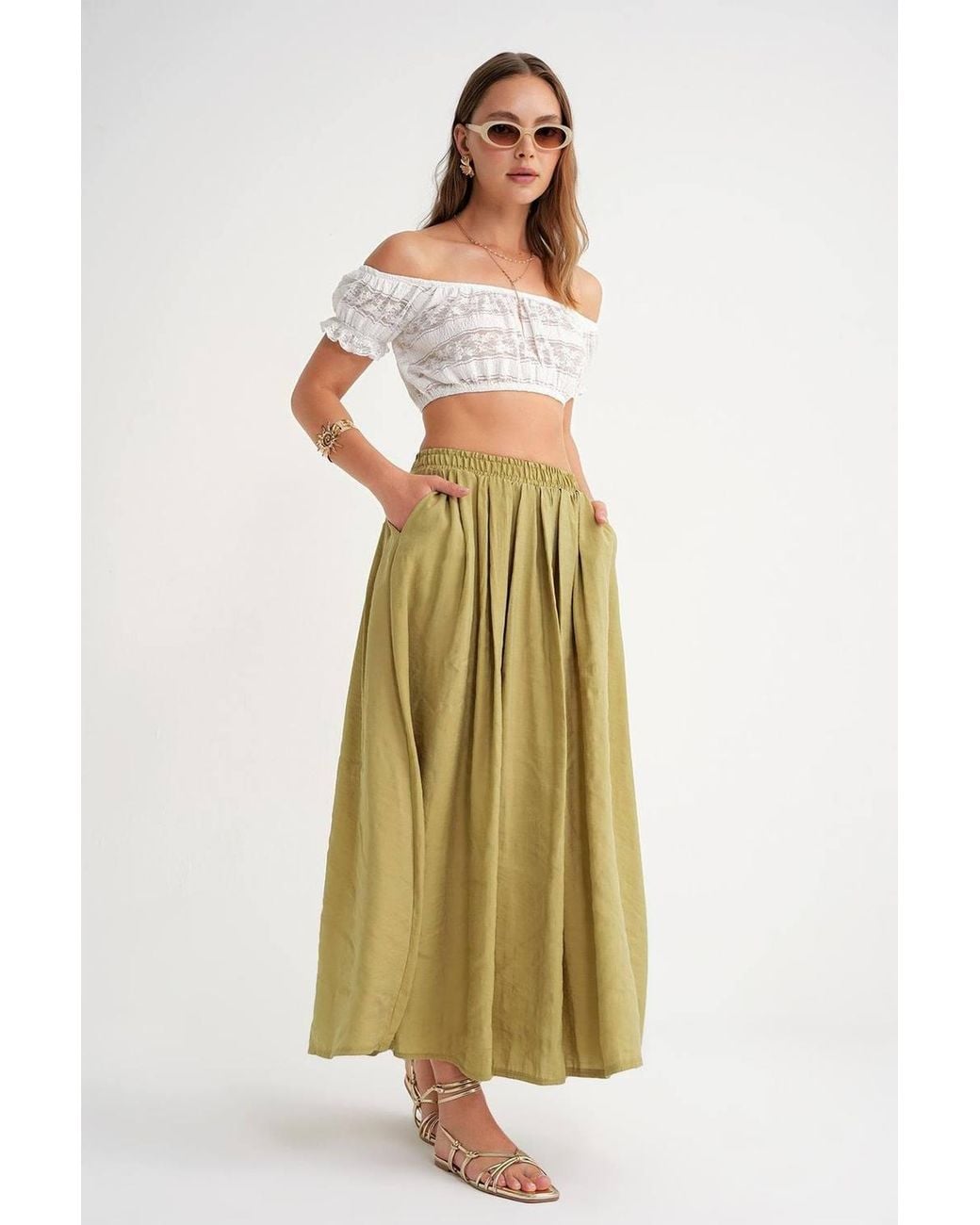 MixRay Green High Waist Maxi Skirt With Drawstring Waist