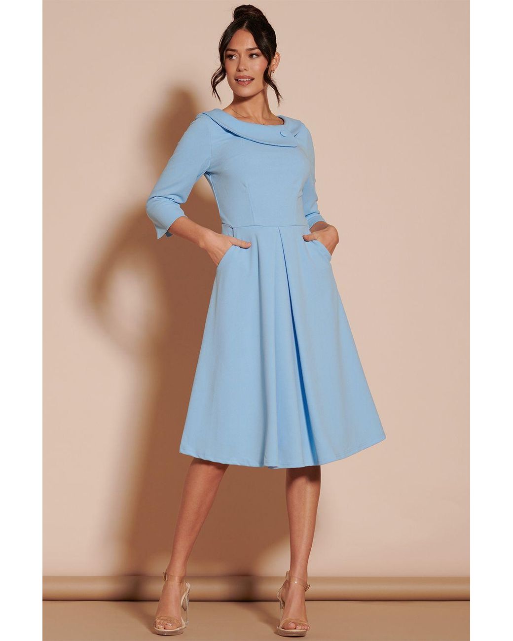 Jolie Moi Blue Fold Neckline Sleeved Midi Dress