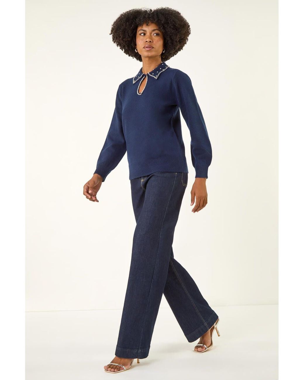 Roman Blue Faux Pearl Collared Keyhole Knit Jumper