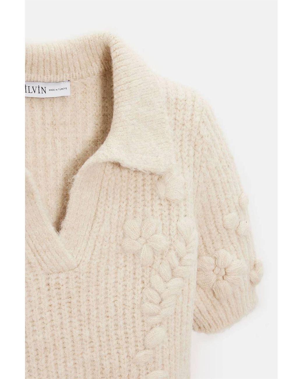 Dilvin Natural Textured Ribbed Polo-Collar Sweater