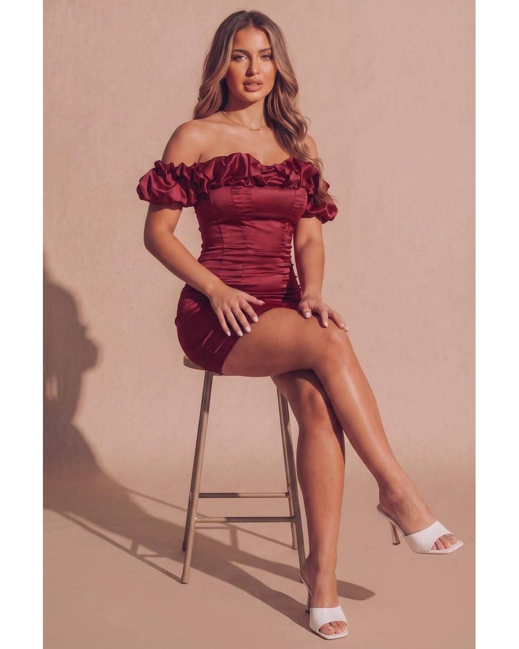 Femme Luxe Red Satin Bardot Off-The Shoulder Bodycon Mini Dress