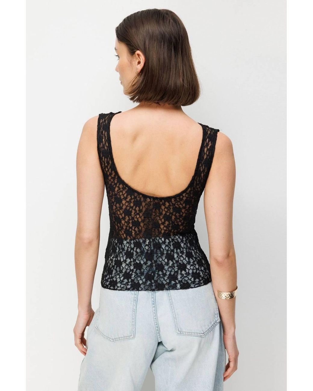 MixRay Brown Sleeveless Lace Cut-Out V-Neck Blouse